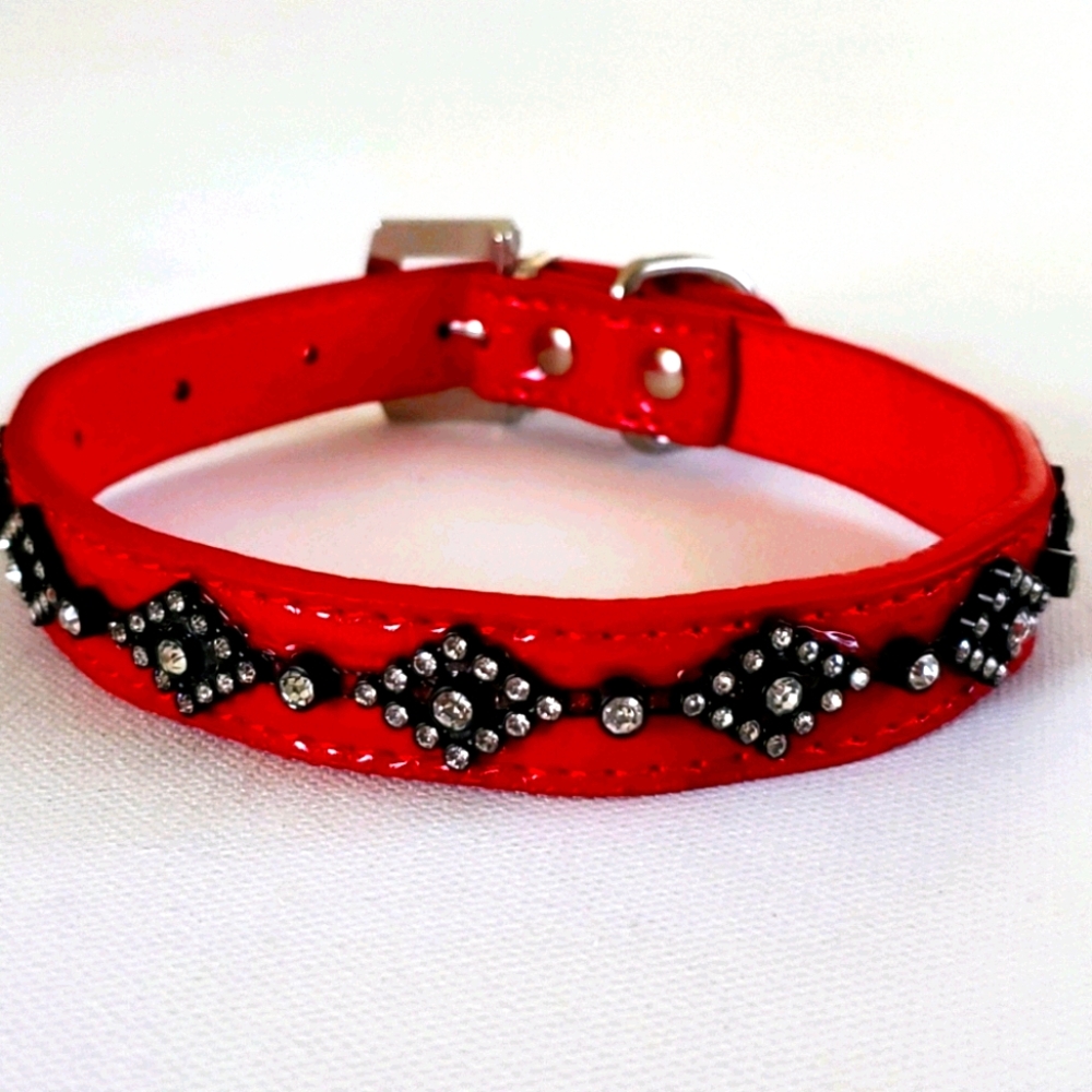 Dog Collar Red Patent Leather & Faux Diamonds Size
